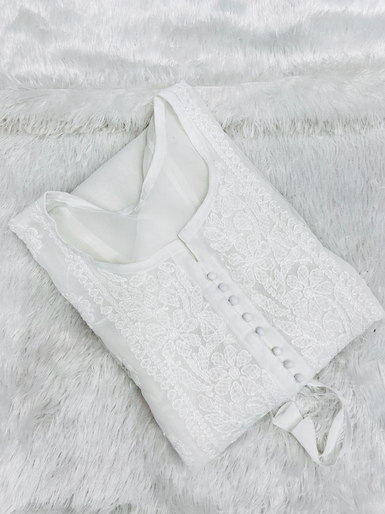 Serenity in Stitches: White Georgette Short Kurti with Anabiya Style Chikan Elegance - Inayakhan Shop 