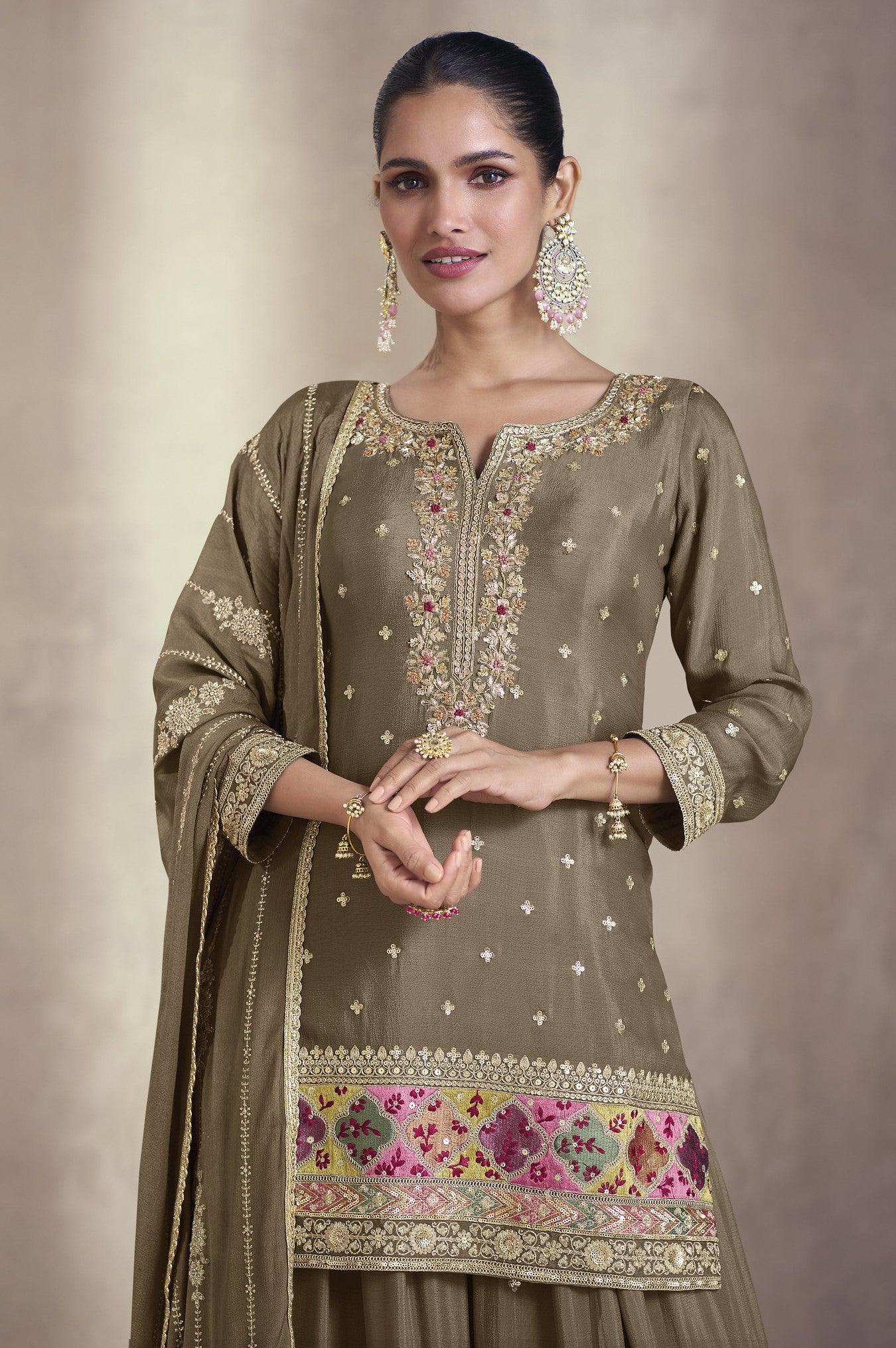 Beige Brown Indo-Western Georgette Chinon Sharara Suit Set with Dupatta