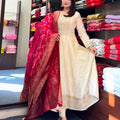 Off White Royal Anarkali Flared Kurti Pant Dupatta Set Limited Stock