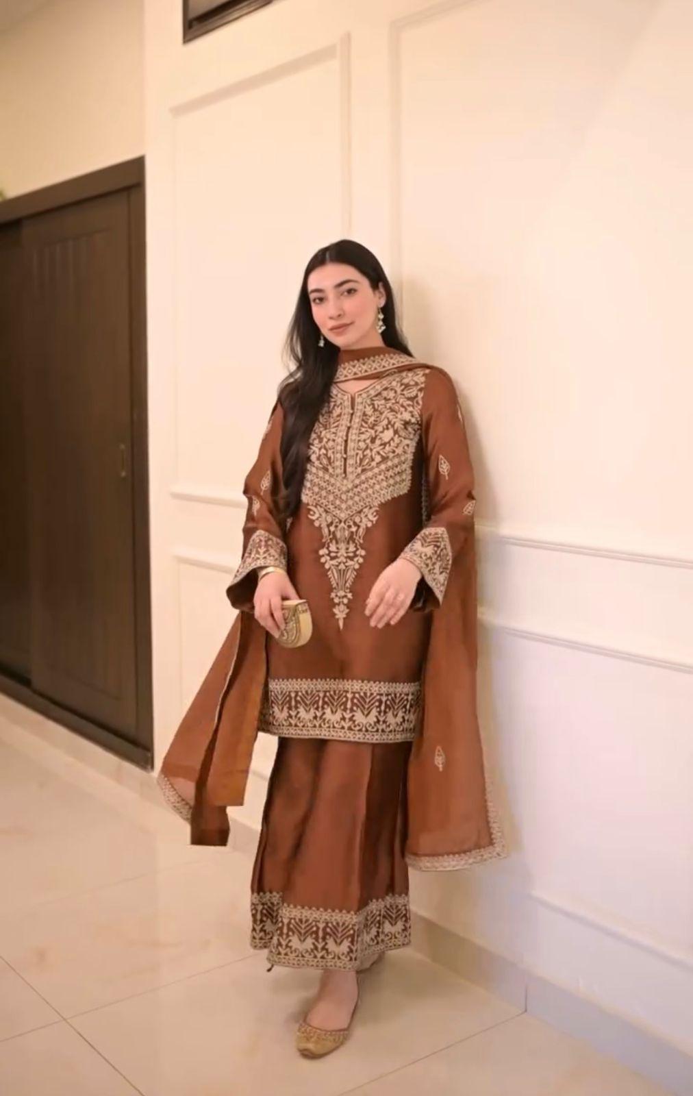 Brown Designer Pure Chinon Silk Embroidered Top & Palazzo Set with Dupatta