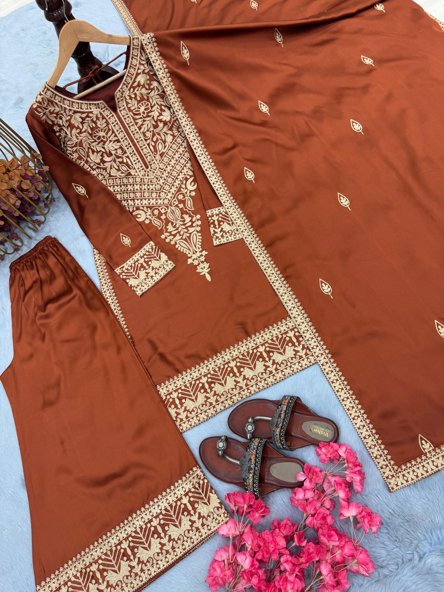 Brown Designer Pure Chinon Silk Embroidered Top & Palazzo Set with Dupatta