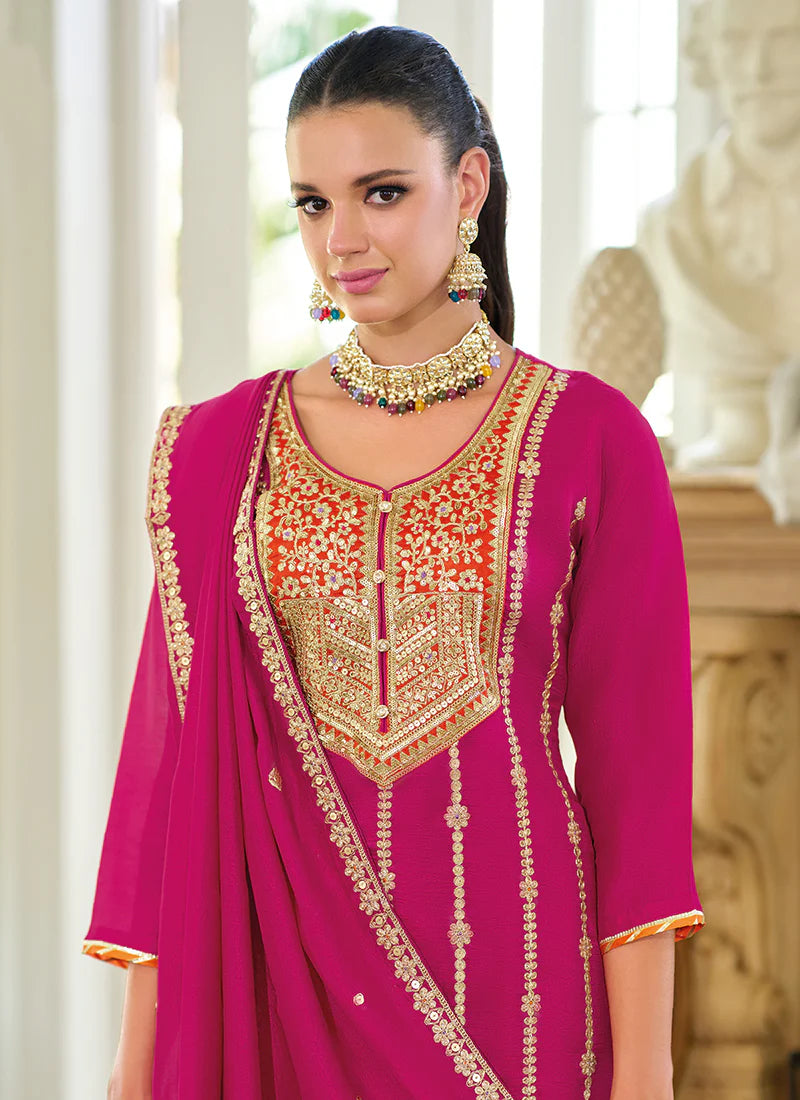 Rani Pink Embroidered Wedding Sharara Suit with Gharara Palazzo and Silk Dupatta