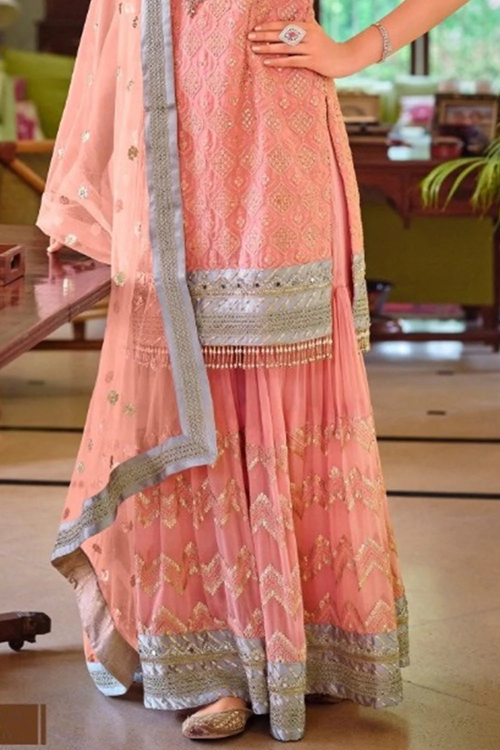 Peach Georgette Sharara Suit with Cerise Pink Dupatta