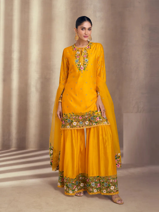 Yellow Embroidered Georgette & Silk Salwar Kameez Sharara Style with Resham Work