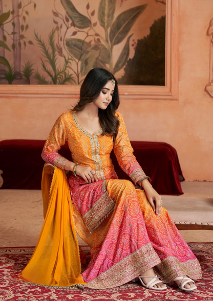 Orange Plus Size Premium Bandhani Print Silk Gharara Suit with Dupatta