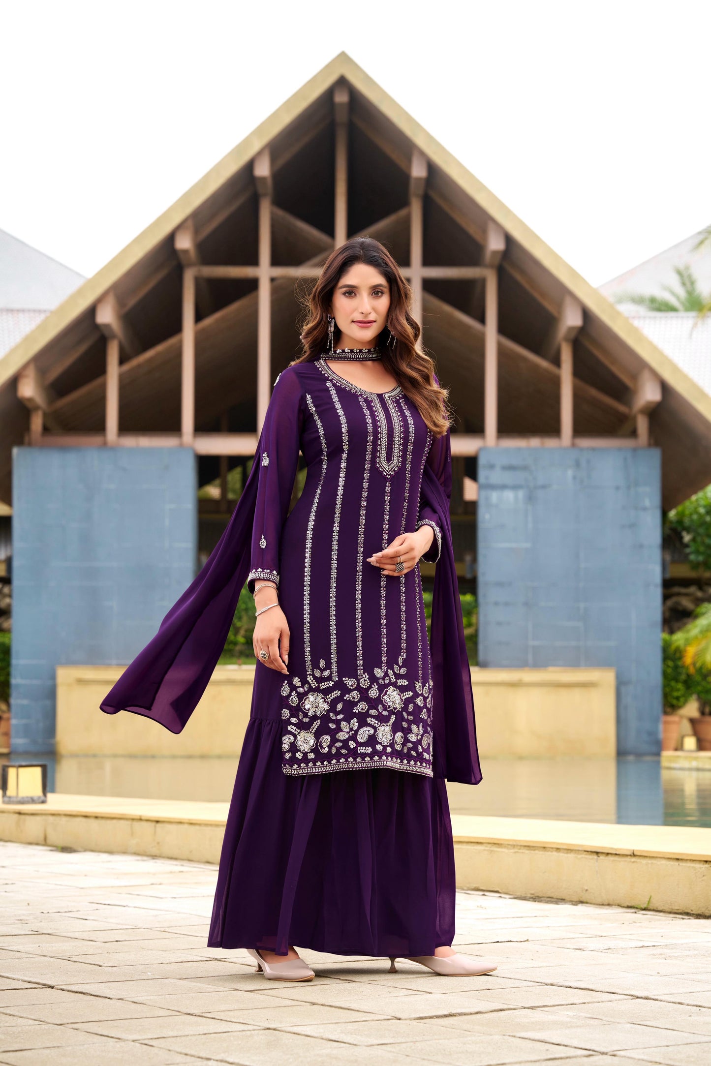 Royal Purple Georgette Sharara Suit Set with Sequin Work
