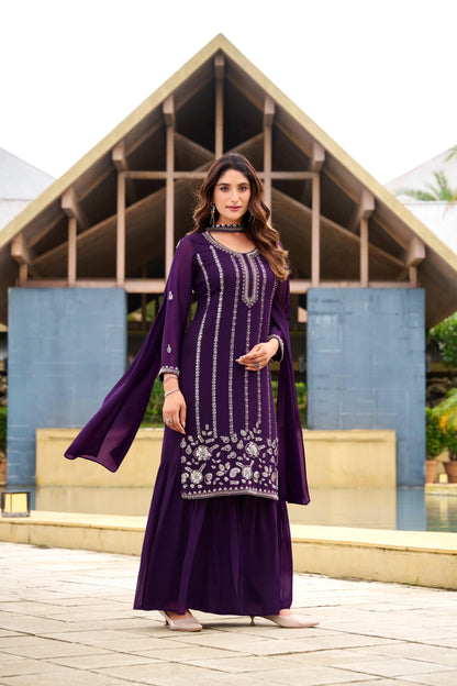 Royal Purple Georgette Sharara Suit Set with Sequin Work