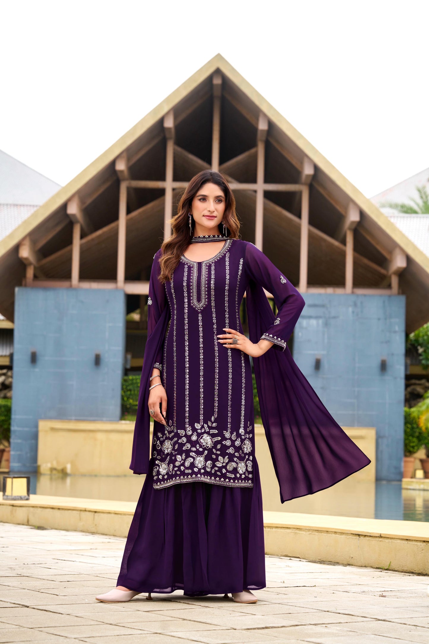 Royal Purple Georgette Sharara Suit Set with Sequin Work