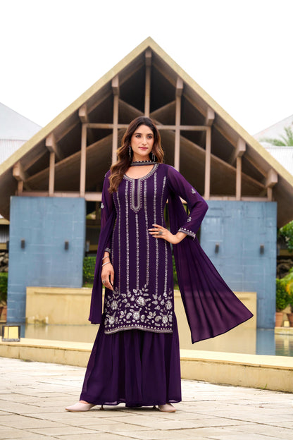Royal Purple Georgette Sharara Suit Set with Sequin Work