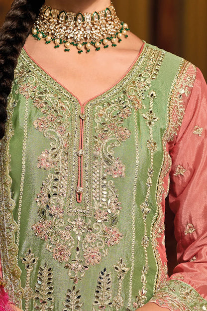 Regal Green Chinon Silk Embroidered Palazzo Salwar Suit