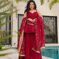 Red Elegant Sleeveless Tabby Organza Short Kurta Plazo Dupatta Set – Party Wear Ensemble