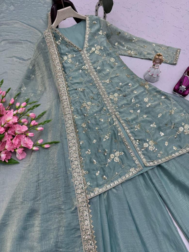 Green Glimmer & Grace: Embroidered Silk Sharara Suit Set