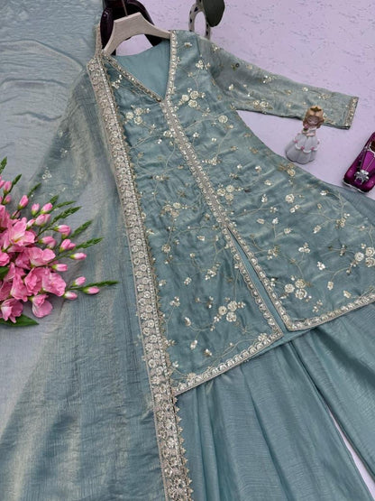 Green Glimmer & Grace: Embroidered Silk Sharara Suit Set