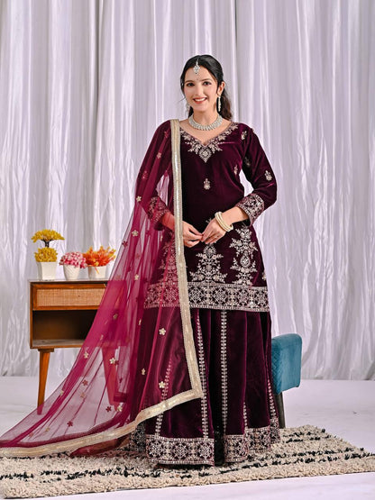 Wine Color Designer Party Wear Velvet Sharara Kameez with Dupatta