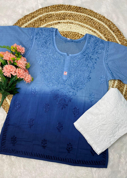 Short Lucknowi Chikankari Cotton Kurti Set- Blue Color - Inayakhan Shop 