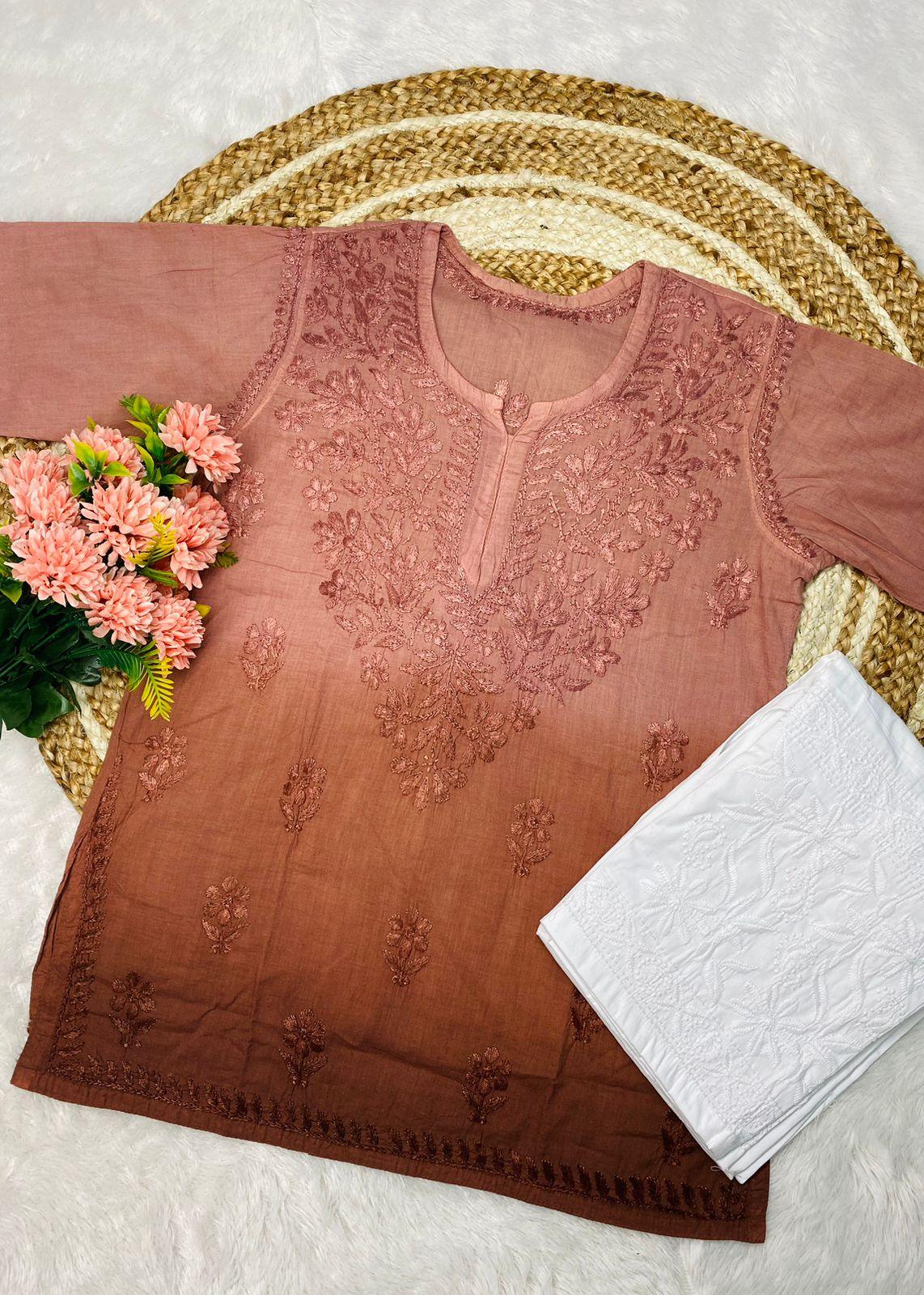 Short Lucknowi Chikankari Cotton Kurti Set- Brown Color - Inayakhan Shop 