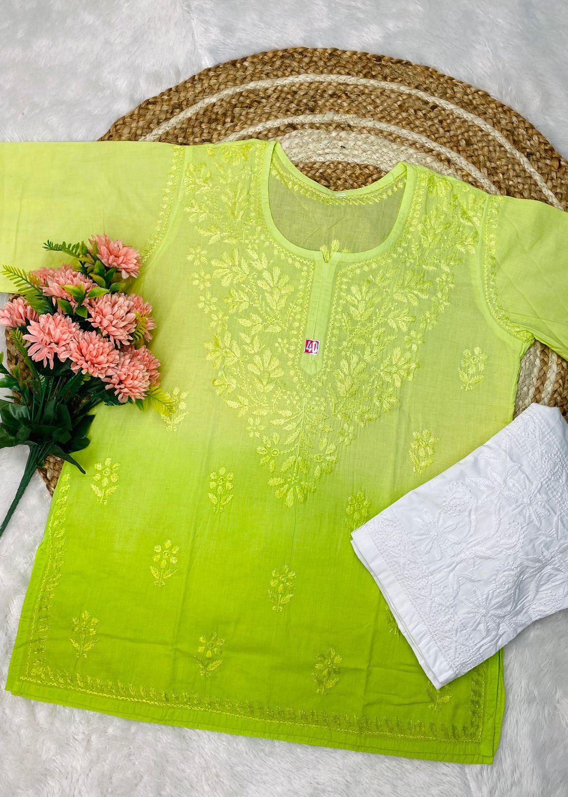 Short Lucknowi Chikankari Cotton Kurti Set- Neon Color - Inayakhan Shop 