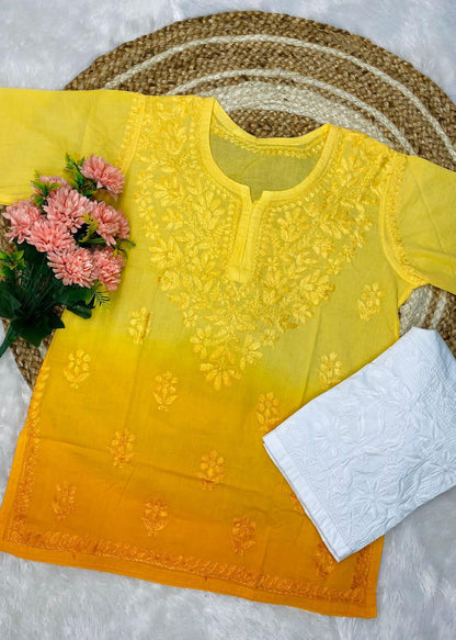 Short Lucknowi Chikankari Cotton Kurti Set- Yellow Color - Inayakhan Shop 