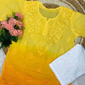Short Lucknowi Chikankari Cotton Kurti Set- Yellow Color