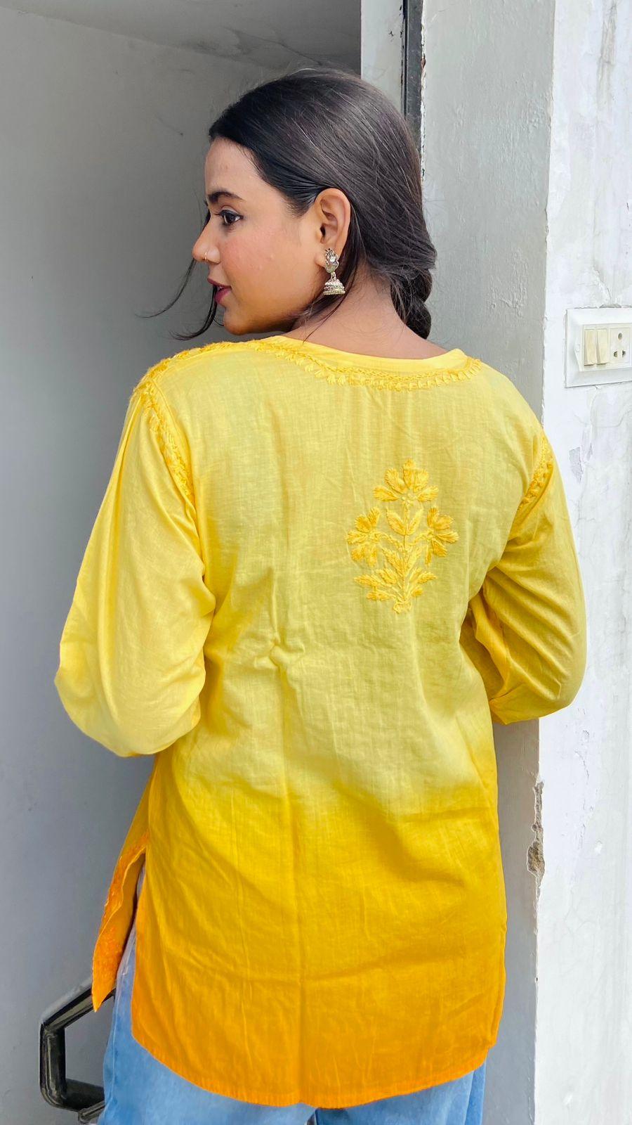 Short Lucknowi Chikankari Cotton Kurti Set- Yellow Color - Inayakhan Shop 