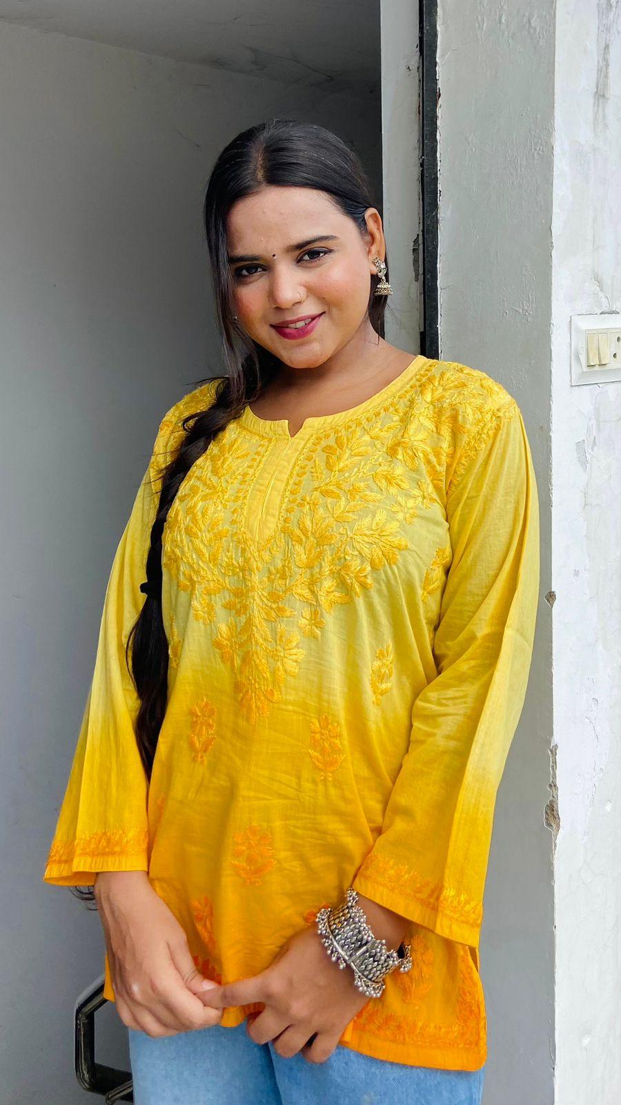 Short Lucknowi Chikankari Cotton Kurti Set- Yellow Color - Inayakhan Shop 