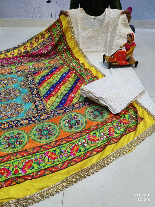 Silky Yellow base Multicolor Style Chikankari Elegance - Pakistani Dupatta & Kurti Palazzo Set - Inayakhan Shop 