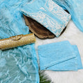 Sky Blue 3 Pc Lucknow Chikankari Handwork Kurti, Pant, and Dupatta Set