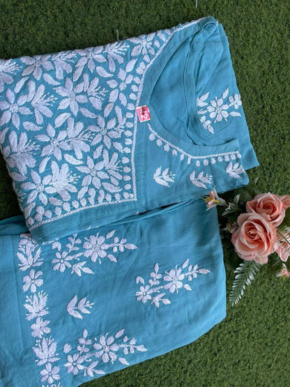Sky Blue Chikankari Designer Premium Modal Angrakha Kurti Plazo Set - Inayakhan Shop 