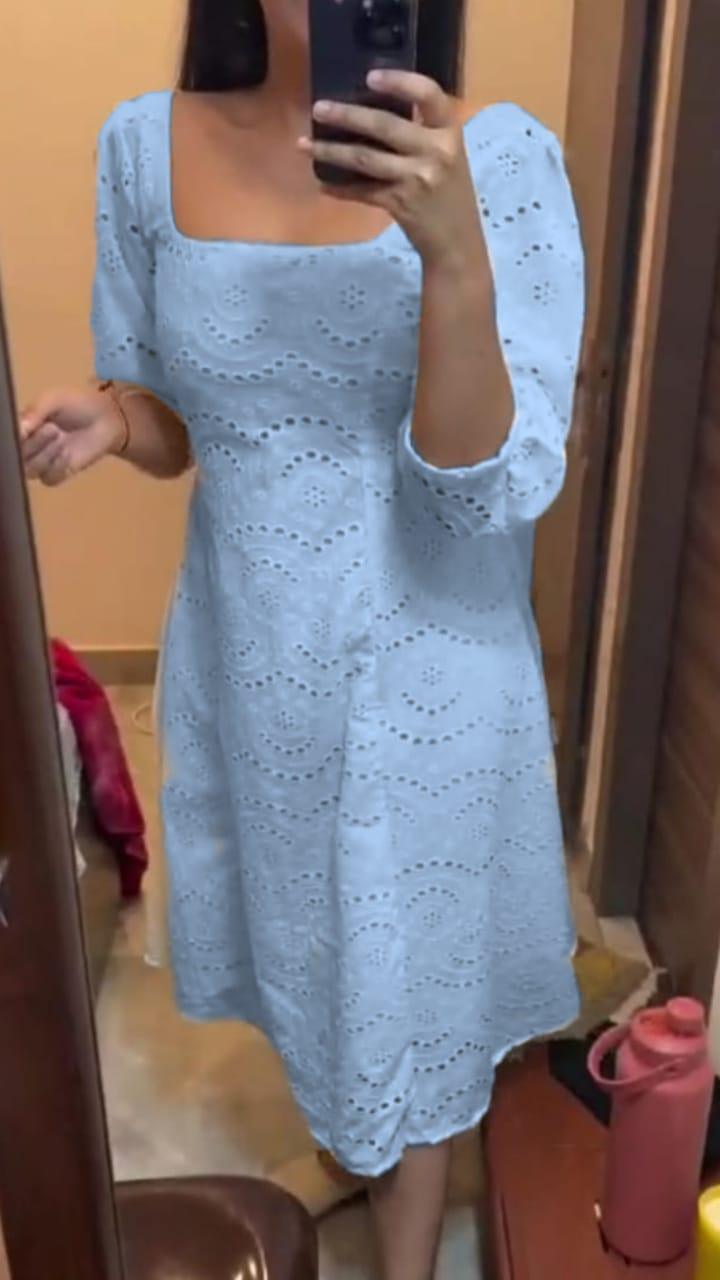 Sky Blue Chikankari Pakistani Royal Hakuba Designer Ready to Wear One Piece Tunic Dress - Inayakhan Shop 