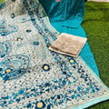 Sky Blue Chikankari Sequence Work Ready-to-Wear 3-Piece Set: Kurti, Plazo, Phulkari Pom Pom Dupatta