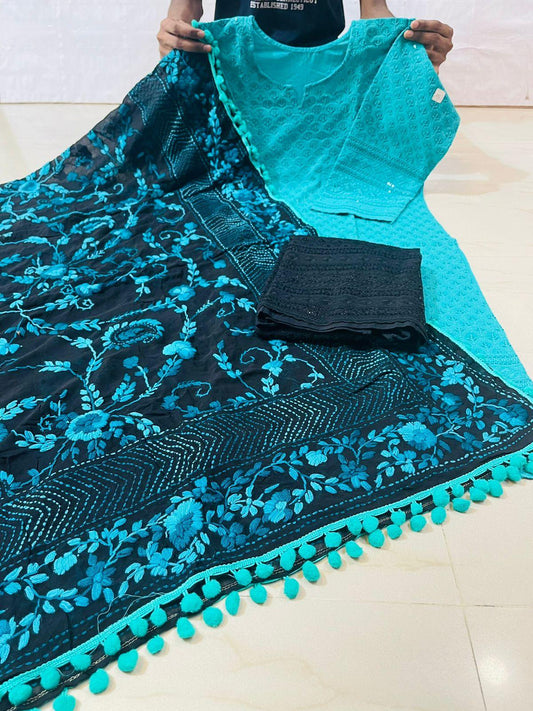 Sky Blue Chikankari Sequin Work Ready-to-Wear Kurti, Plazo, and Dupatta Set - Inayakhan Shop 