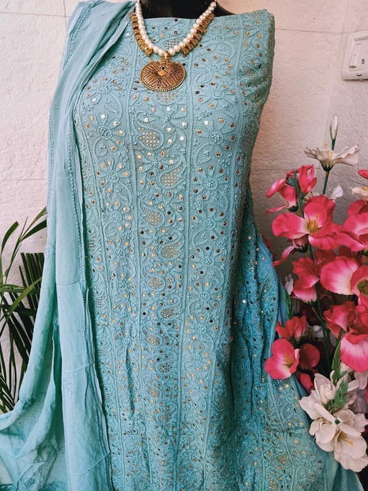 Sky Blue Chikankari Unstitch Suits - Royal Collection - Inayakhan Shop 