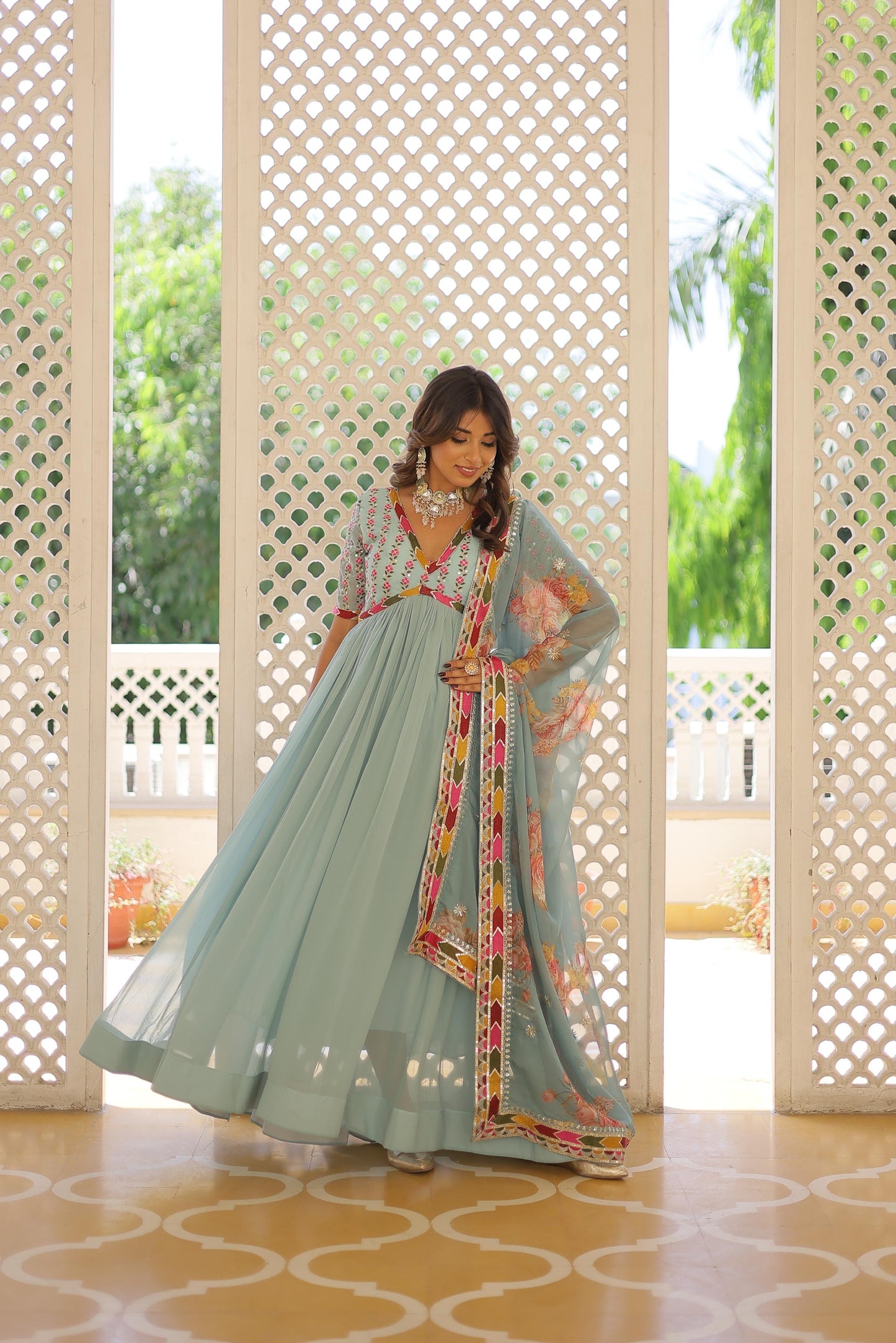 Sky Blue Color Premium Readymade Alia Cut Gown with Dupatta Set - Inayakhan Shop 