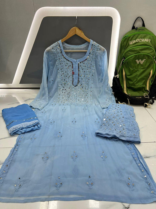 Sky Blue Dye Ombre Georgette Kurti Set With Sharara and Chiffon Dupatta(Inner Included) - Inayakhan Shop 