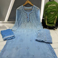Sky Blue Dye Ombre Georgette Kurti Set With Sharara and Chiffon Dupatta(Inner Included)
