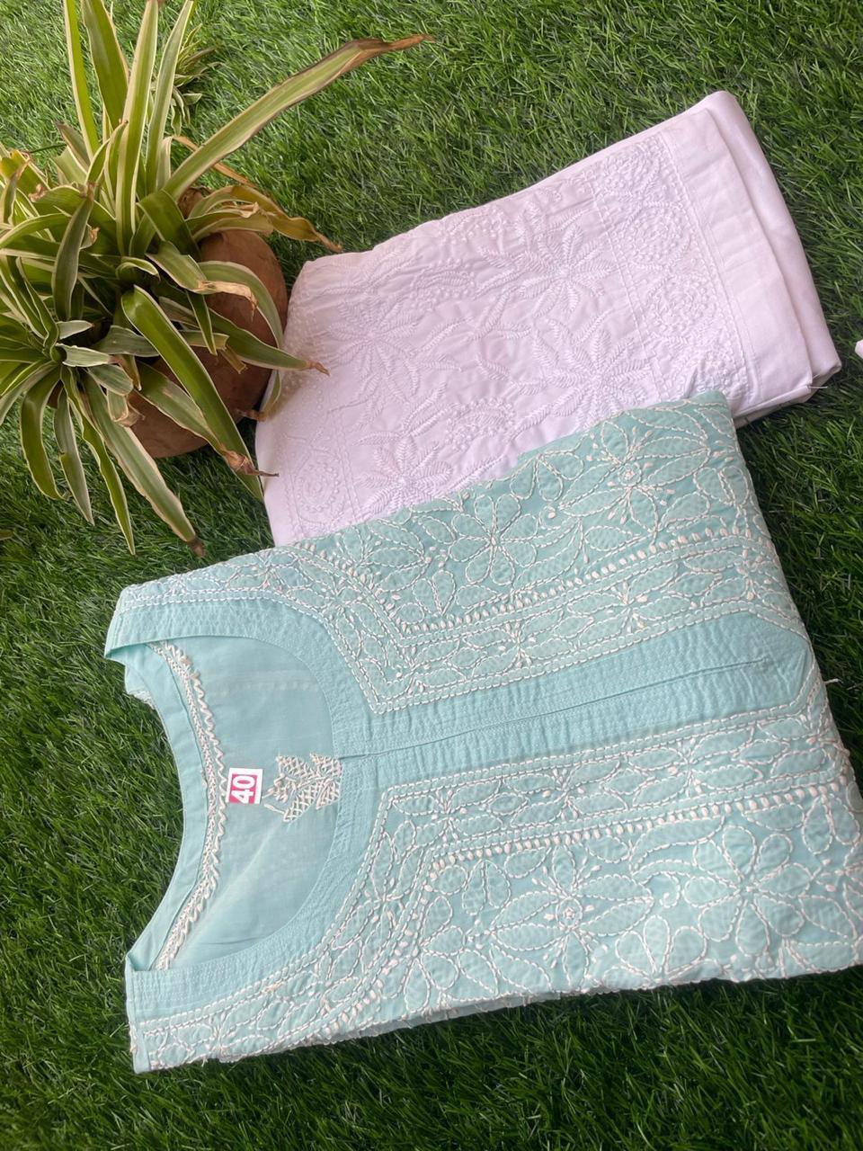Sky Blue Exclusive Cotton Voile Chikankari Handwork Kurti with Pants - Inayakhan Shop 