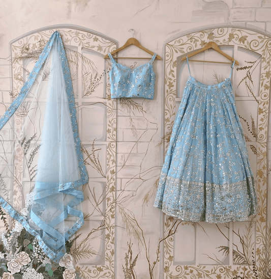 Sky Blue Lehenga Choli with Zari and Sequins Embroidery - Inayakhan Shop 