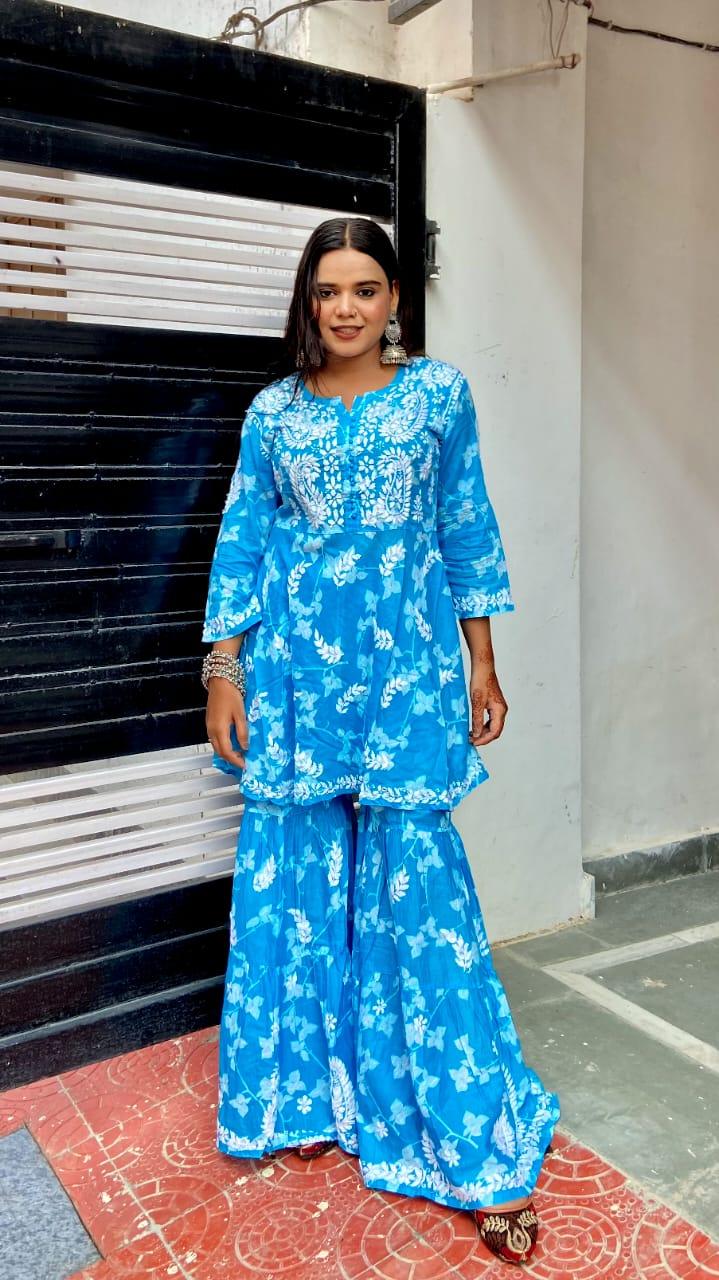 Sky Blue Mul Cotton Garara Set 2-Piece Set - Inayakhan Shop 