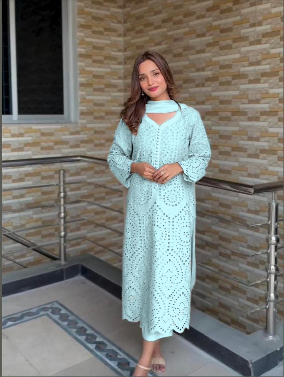 Sky Blue Chikan Hakoba Designer Ready-to-Wear Suits Plus Sizes available