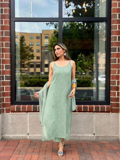Soft Pastel Green Luxe Viscose Ring Work Jaal Lucknow Chikankari Kurti Set (NEW)