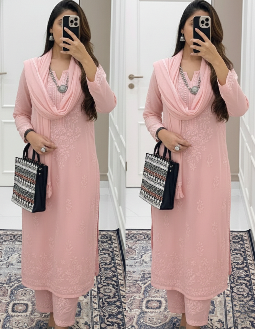 Soft Pink Ethereal Dyeable Modal Chikankari Kurta Set (New)