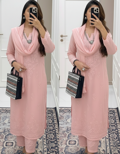 Soft Pink Ethereal Dyeable Modal Chikankari Kurta Set (New)