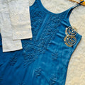 Blue Lucknowi Chikankari Rayon Noodle Strap Kurti Set