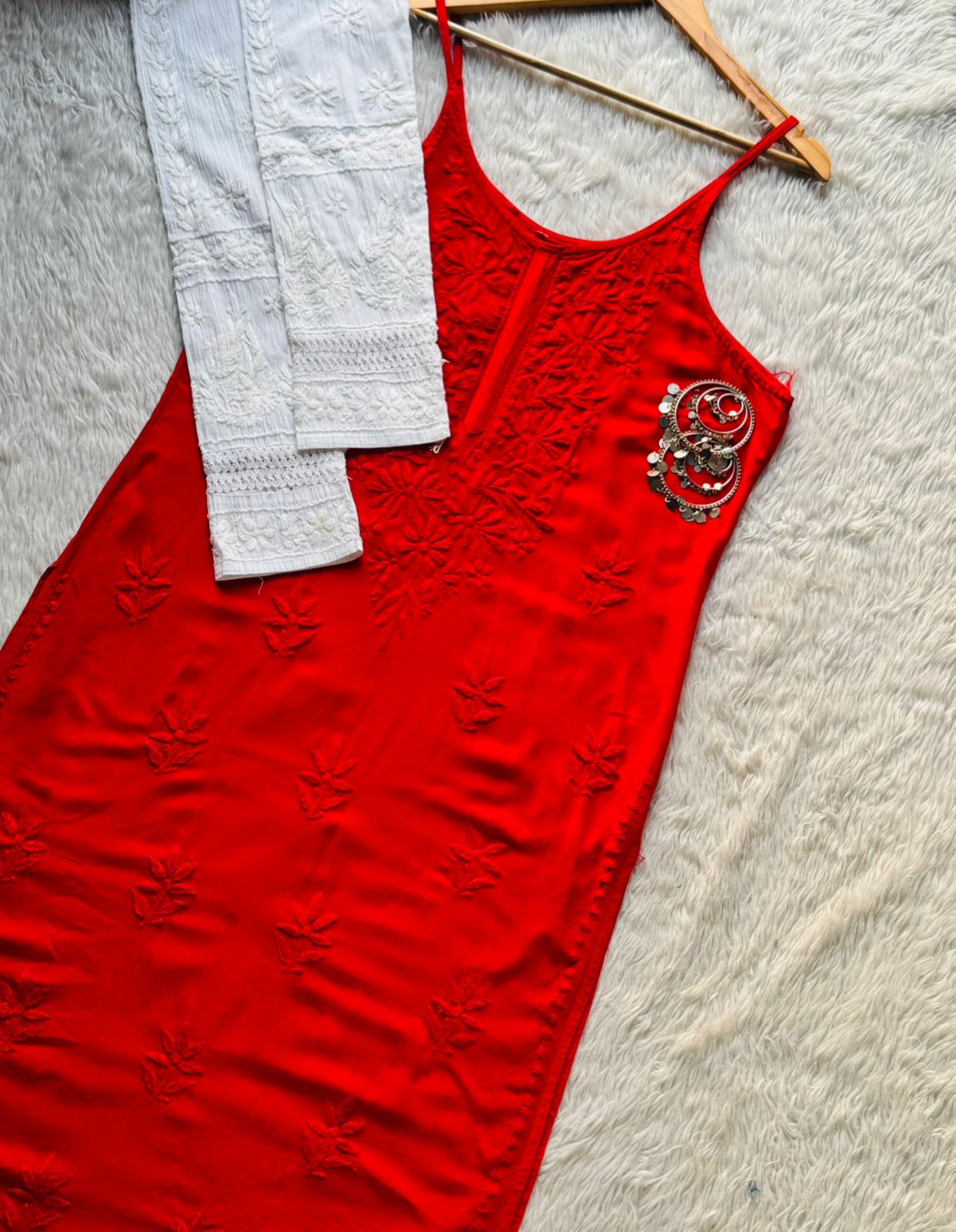 Red Lucknowi Chikankari Rayon Noodle Strap Kurti Set