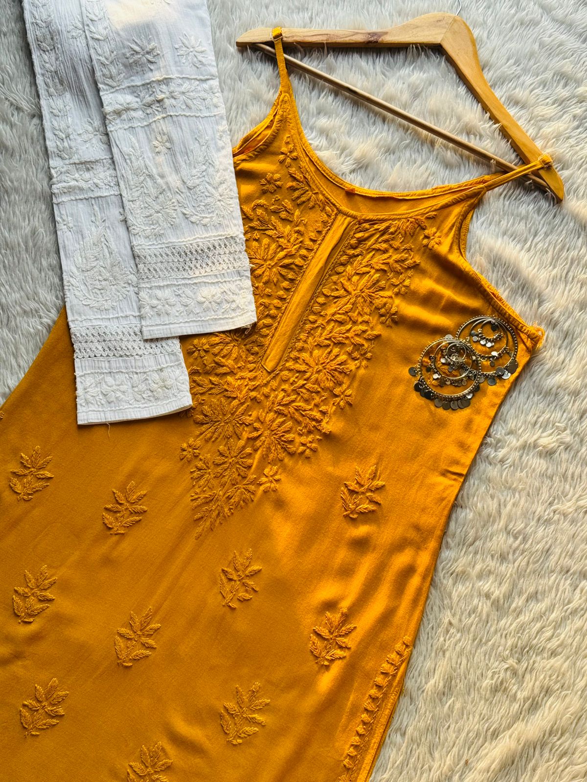 Mustard Yellow Lucknowi Chikankari Rayon Noodle Strap Kurti Set