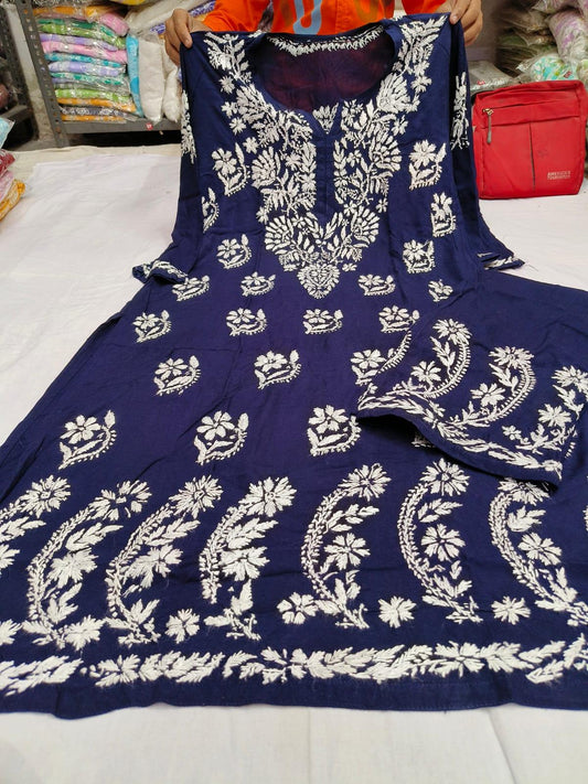 Stunning Navy Blue Rayon Kurti and Pant Set Enhanced with Lucknowi Chikankari and Detailed Ghaas Patti Handwork - Inayakhan Shop 