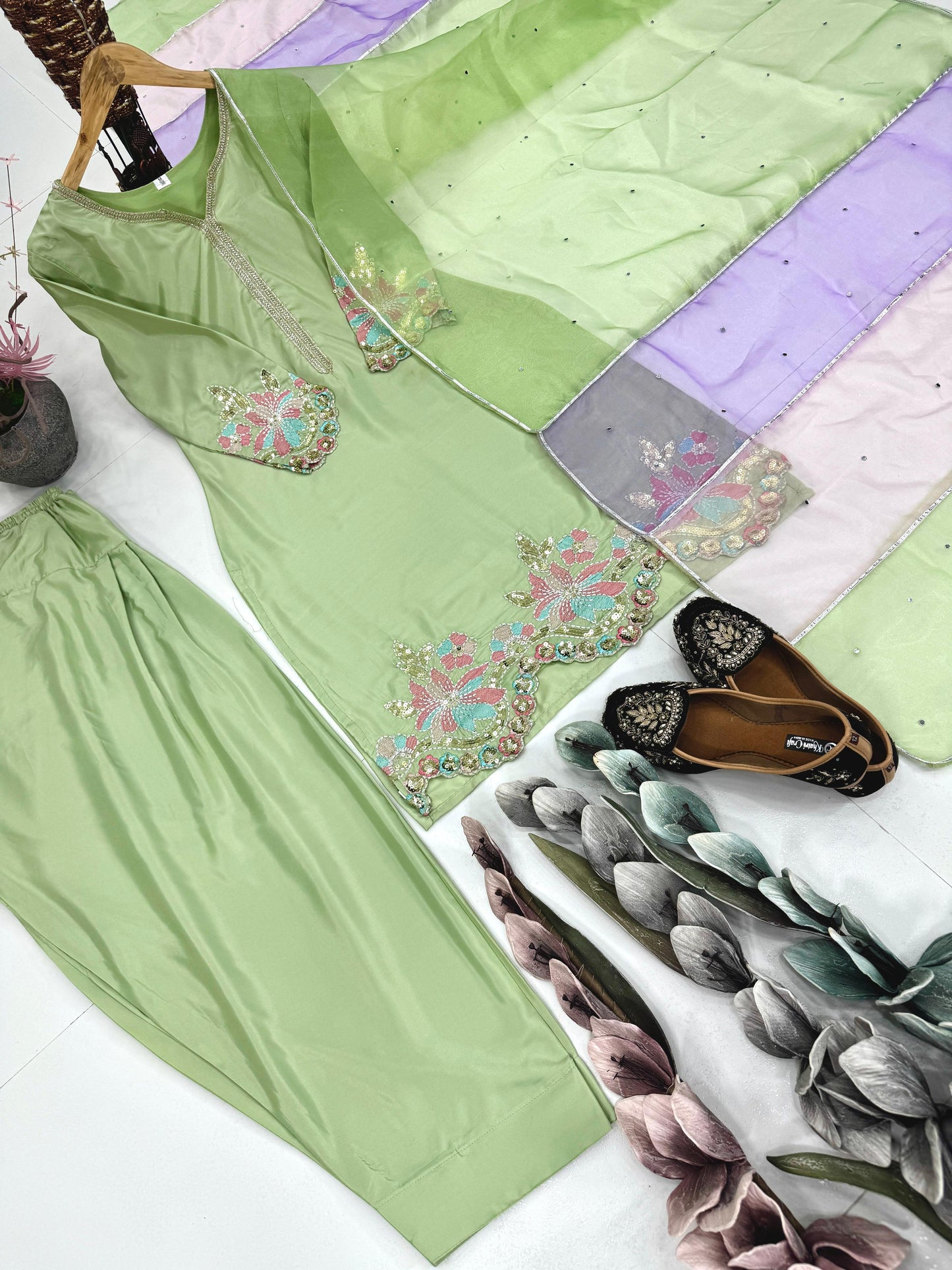 Light Green Designer Crepe Embroidered Farshi Salwar Suit Set