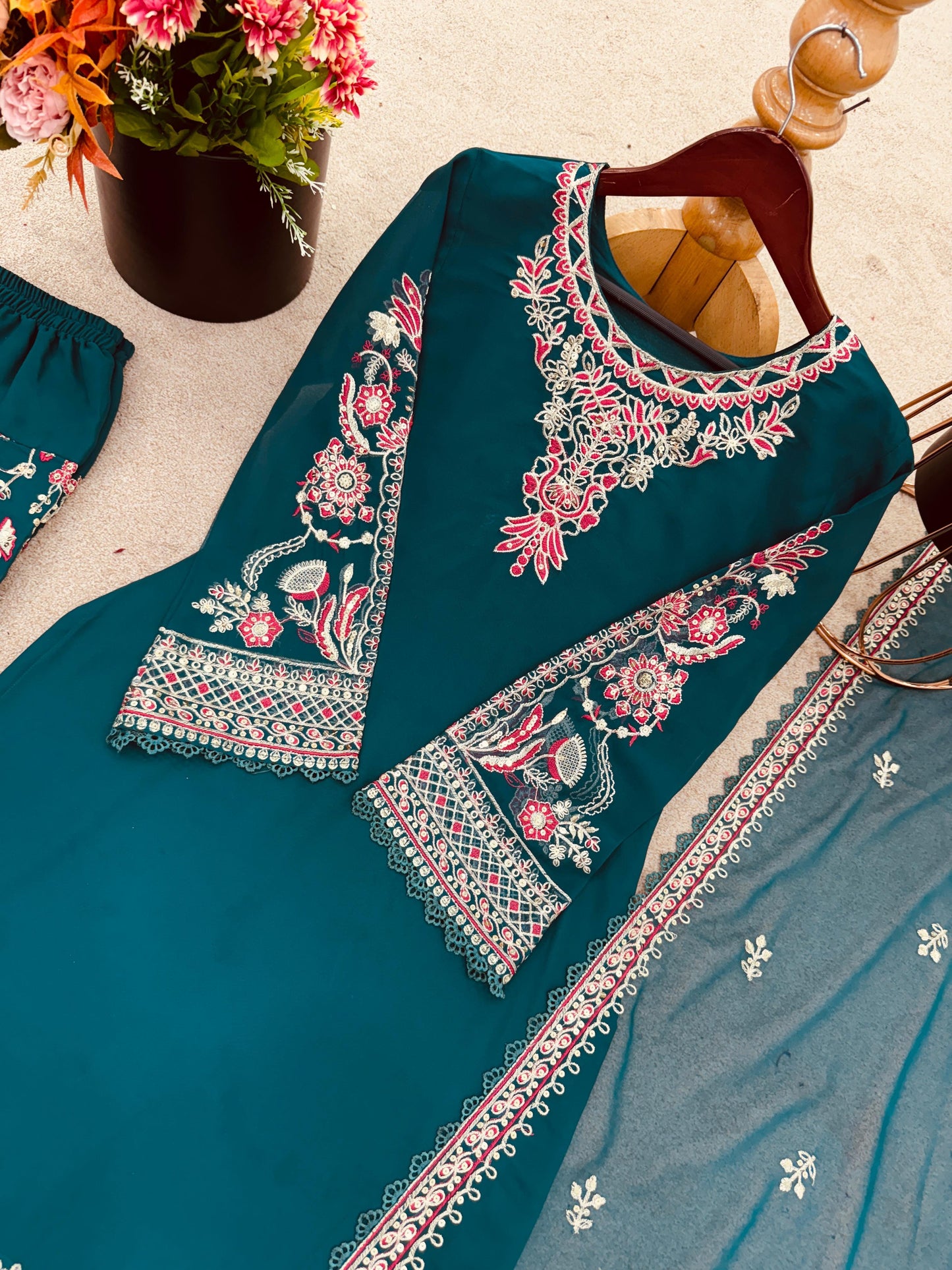 Teal Green Designer Georgette Top-Dhoti and Dupatta Set