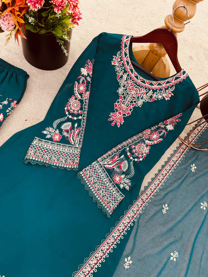 Teal Green Designer Georgette Top-Dhoti and Dupatta Set