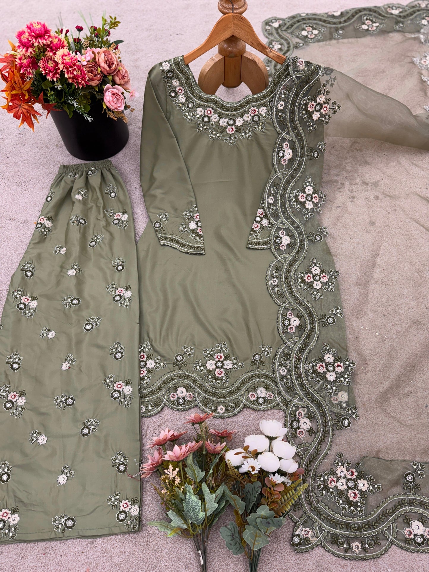 Elegant Green Crepe Silk Sharara | Pakistani Style Suit for Women